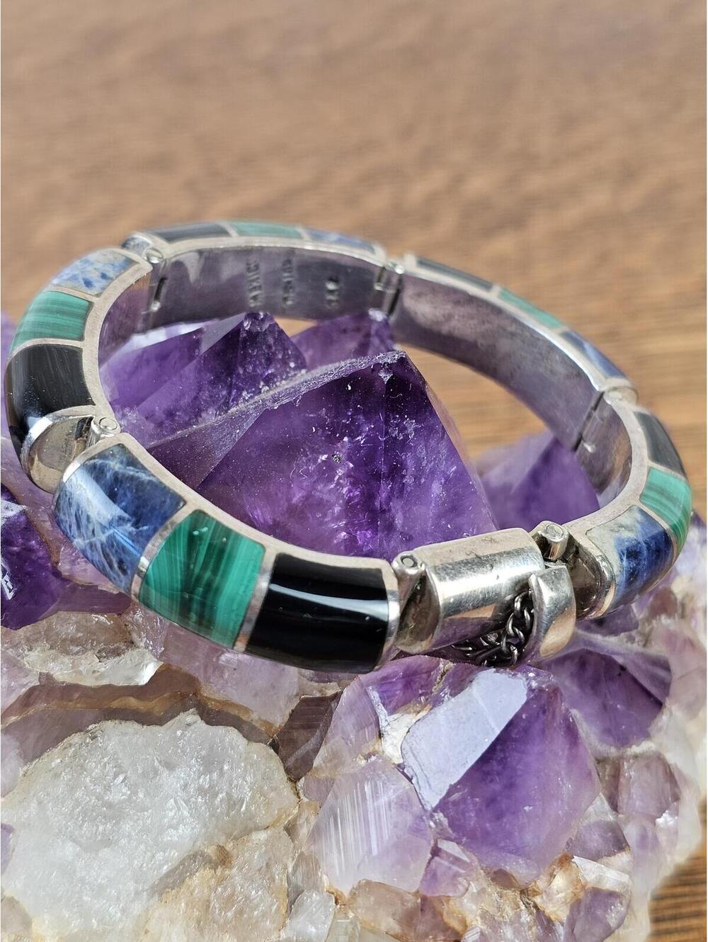 Vintage Taxco Mexico 950 Silver Malachite Sodalite Onyx Inlay Bracelet 70g 7" - Picture 3 of 11